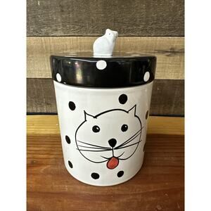 Black And White Polka Dot Cat Canister Handpainted In Italy